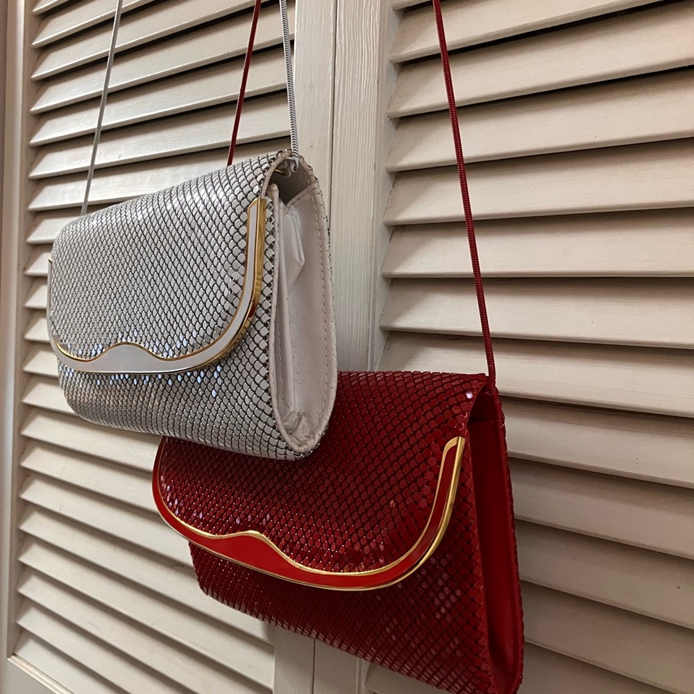 Two Vintage 1980s Red and White Clutch Purses With Shoulder Chains